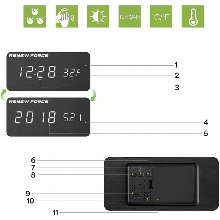 Zegar cyfrowy elektroniczny BUDZIK termometr Z CZUJNIKIEM dźwięku i