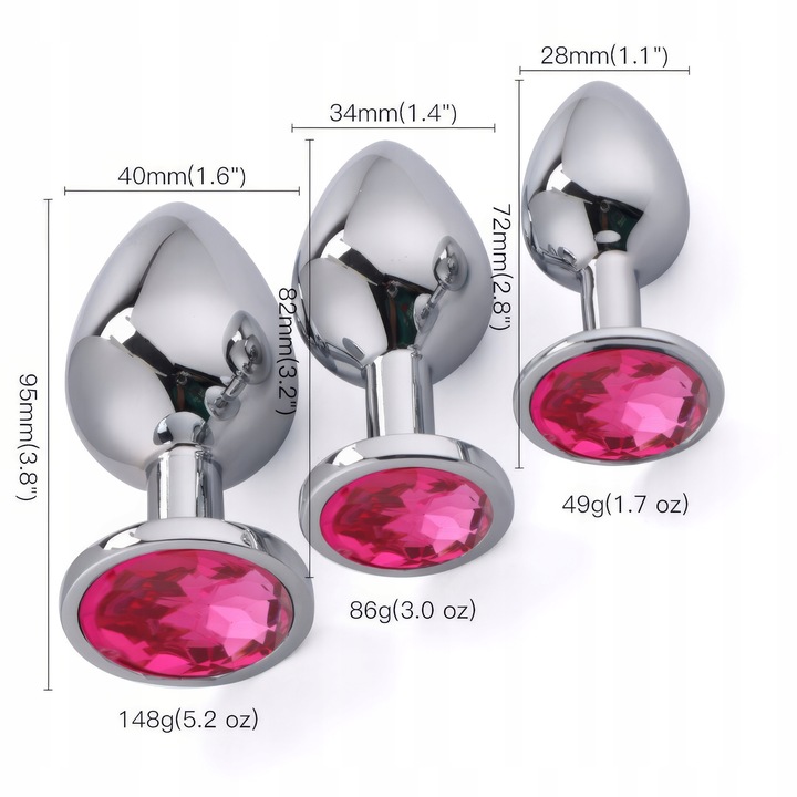 Zestaw 3 Metalowych Korków Analnych z Różowym Kryształem – Rozmiary S, M, L