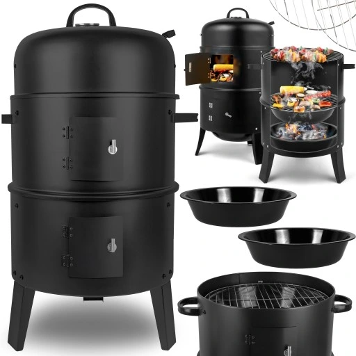 GRILL OGRODOWY WĘGLOWY WĘDZARNIA PALENISKO TERMOMETR OKRĄGŁY PRZENOŚNY 3W1