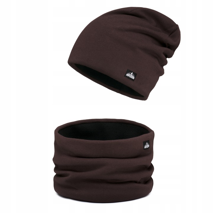 Czapka zimowa męska na polarze + komin Brązowy