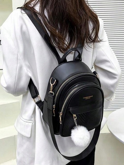 Plecak Torebka 2w1 Damski Eko Skóra Czarny Brelok Pompon Biały Prezent
