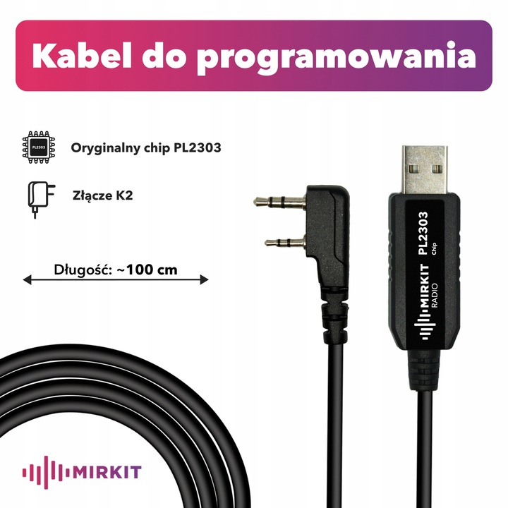 Kabel Mirkit PL2303 BasicModel do programowania krótkofalówek Baofeng „K2”
