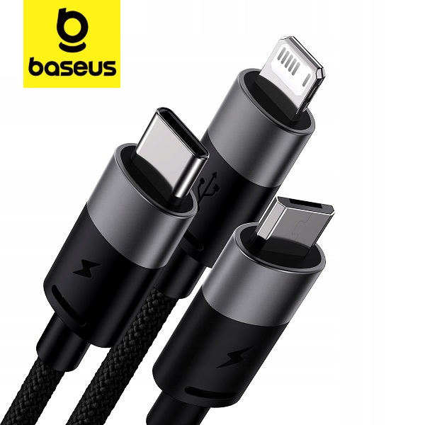 BASEUS UNIWERSALNY WYTRZYMAŁY KABEL USB 3W1 USB-C MICRO LIGHTNING 3.5A 1,2M