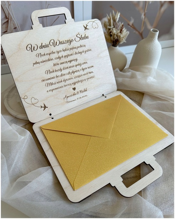 Kartka WALIZKA NA ŚLUB WESELE na pieniądze GRAWER prezent pamiątka