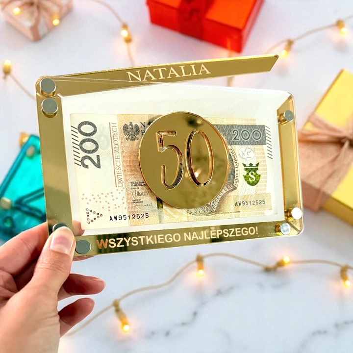KARTKA KOPERTA PUDEŁKO NA PIENIĄDZE URODZINY IMIĘ + LICZBA ZŁOTA RAMKA
