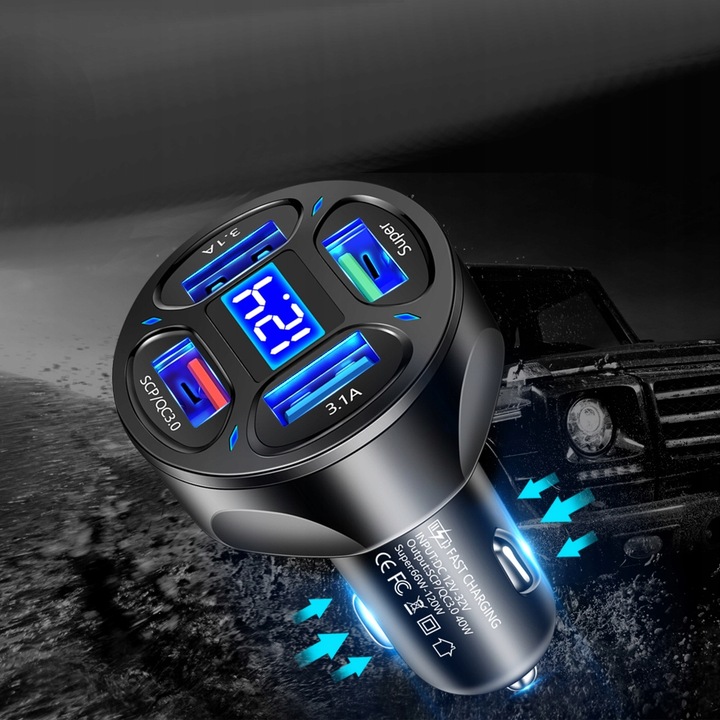 MOCNA SZYBKA ŁADOWARKA SAMOCHODOWA 4x USB PD QC 3.0 66W DO TELEFONU DO AUTA