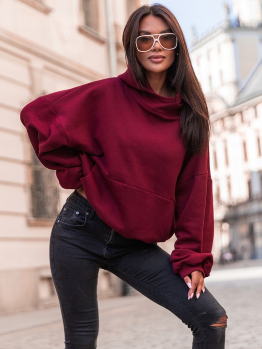 Bawełniana dresowa damska bluza z kapturem na stójce oversize bordowa