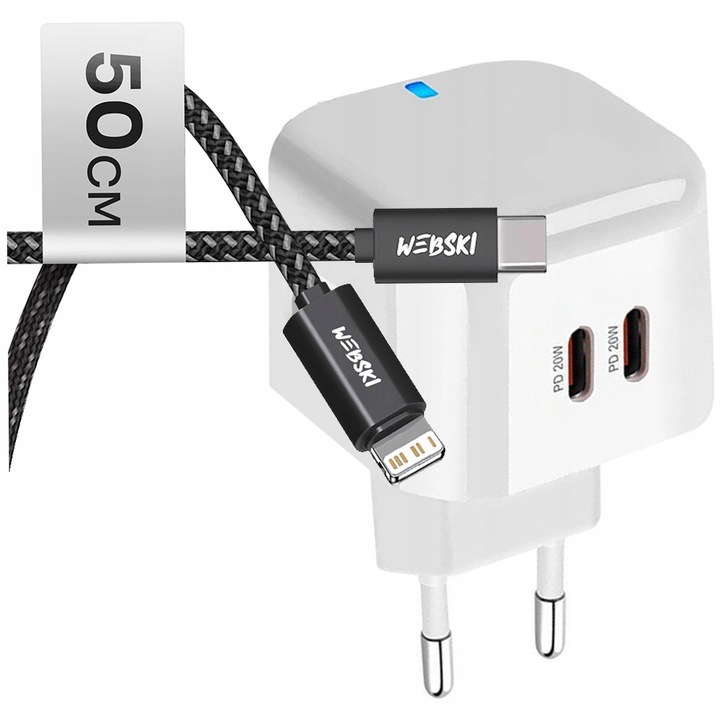 ŁADOWARKA SIECIOWA 40W 2xUSB-C Z SZYBKIM ŁADOWANIEM + KABEL USB-C LIGHTNING