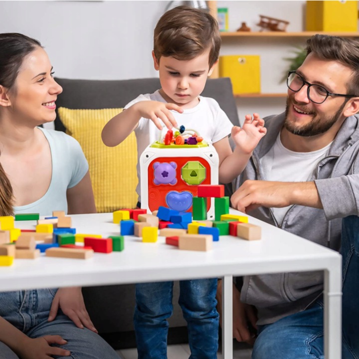 INTERAKTYWNA KOSTKA EDUKACYJNA DLA NIEMOWLĄT SORTER KLOCKI CYMBAŁKI 7w1 PL