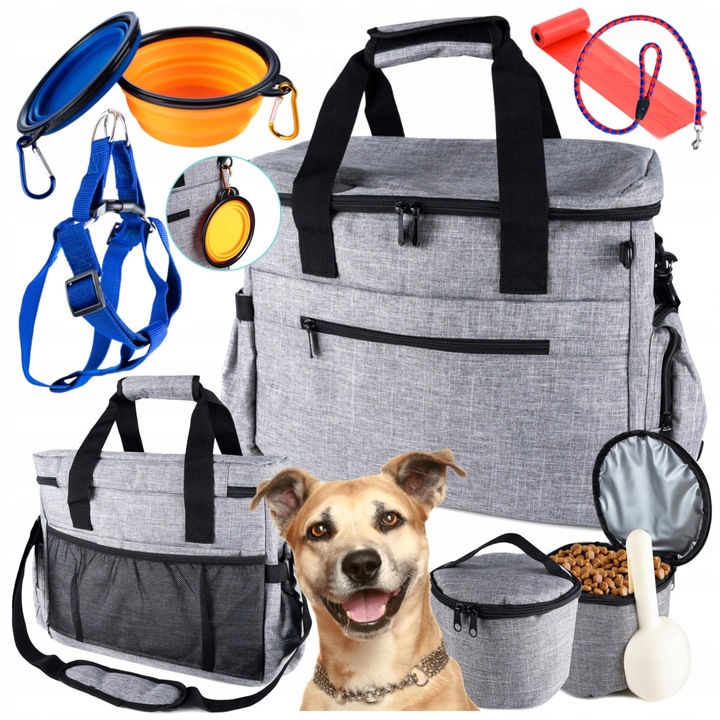 Torba podróżna dla psa miski pojemniki smycz worki