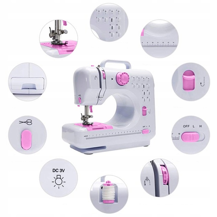 MASZYNA DO SZYCIA MINI PRZENOŚNA 12 ŚCIEGÓW AKCESORIA + GRATISY BIAŁA