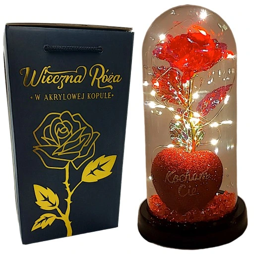 WIECZNA RÓŻA W SZKLE W KOPULE ŚWIECĄCA NA WALENTYNKI LED PREZENT PUDEŁKO