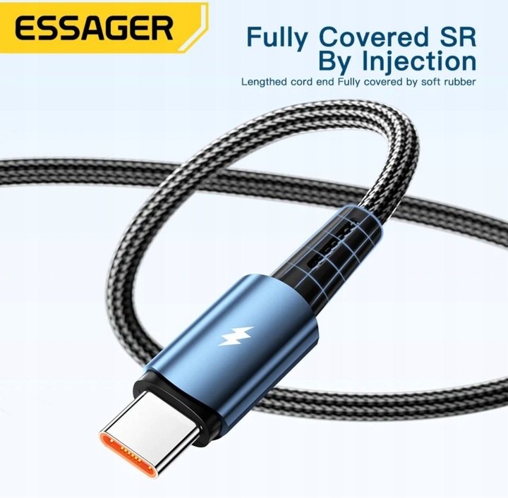 Kabel 2 metry czarny Essager USB A do USB-C 6A SZYBKIE ŁADOWANIE 120W 6A 2M