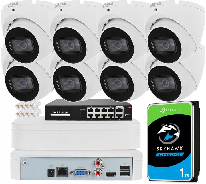 Zestaw Monitoringu Dahua 8x Kamera IPC-HDW1530T-0280B-S6 5Mpx Aplikacja PoE