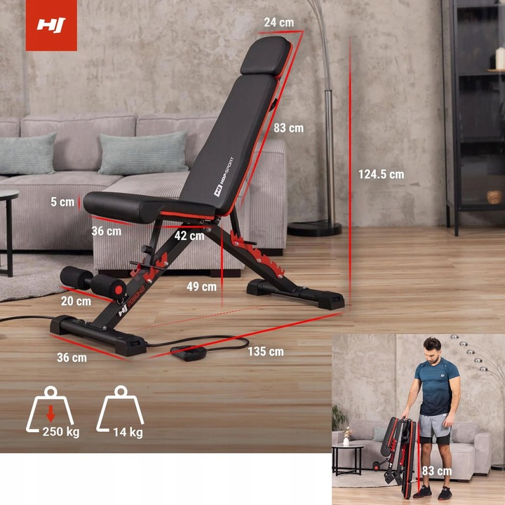 Ławka treningowa z ekspanderami regulowana hopsport 250 kg składana