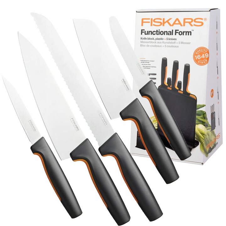FISKARS ZESTAW KOMPLET NOŻY 5x NÓŻ SZEFA KUCHNI DO CHLEBA OBIERANIA WARZYW