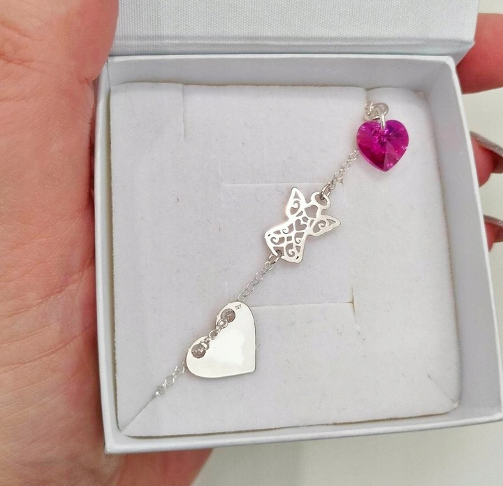 SREBRNA BRANSOLETKA ANIOŁEK I KOMUNIA ŚW. SERCE SWAROVSKI GRAWER