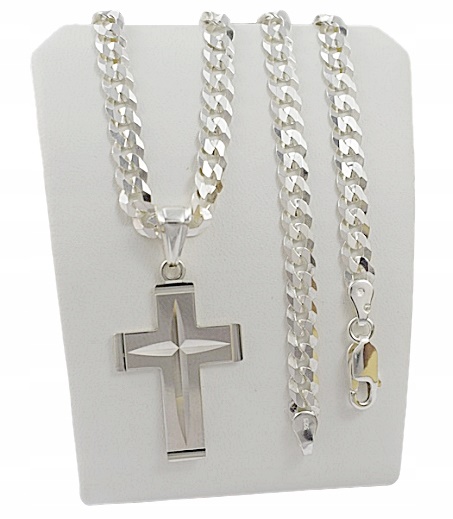 Łańcuszek Srebrny Męski Pancerka Diamentowany Krzyżyk pr 925 Grawer Gratis