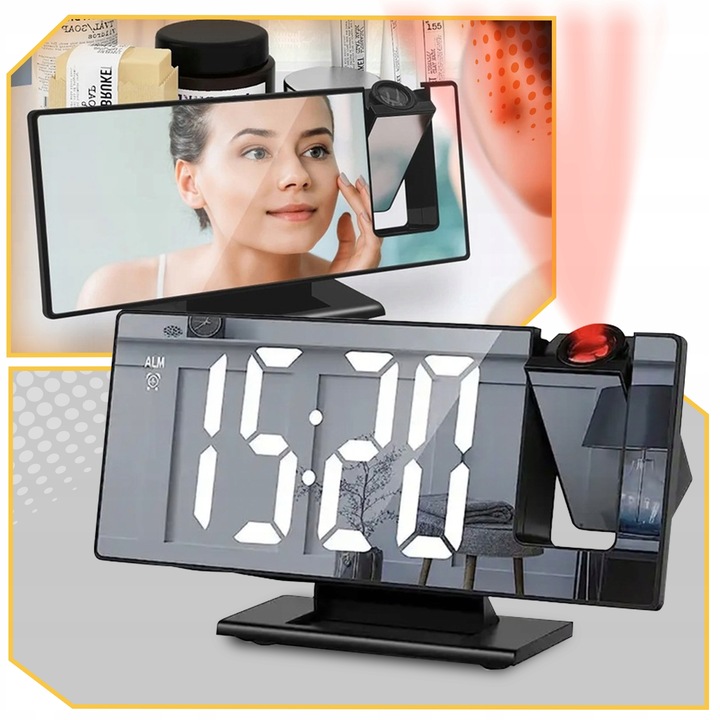 ZEGAR Budzik ELEKTRONICZNY z projektorem LED cyfrowy LUSTRO TERMOMETR 4w1