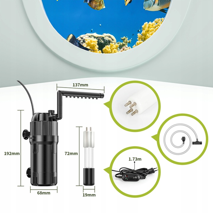 5W1 FILTR WEWNĘTRZNY Z LAMPĄ UV 500L/H DO AKWARIUM 10-120L z UVC