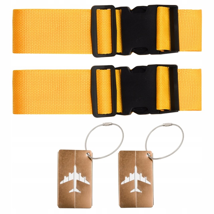4x PAS BAGAŻOWY podwójny żółty nylon 190cm x 5cm + 4x PRZYWIESZKI metalowe