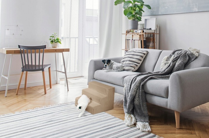 Schodki dla psa 3-stopnie tapicerowane piaskowe podest dla psa do kanapy