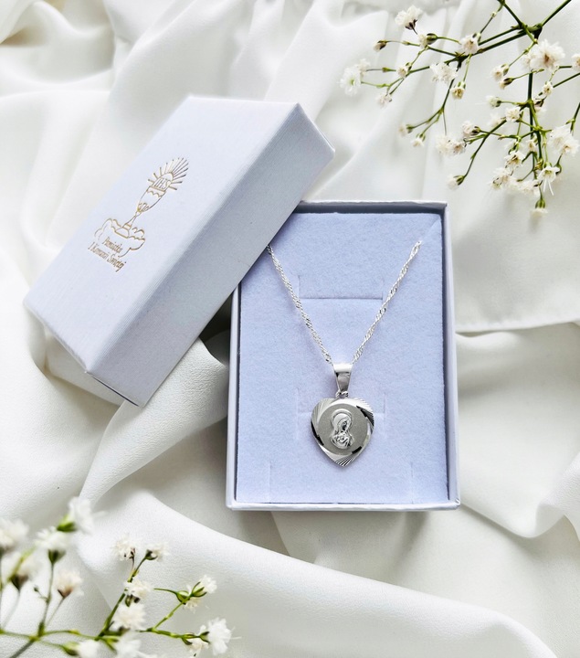 SREBRNY ŁAŃCUSZEK I MEDALIK KOMUNIJNY SERCE MATKA BOSKA SREBRO 925