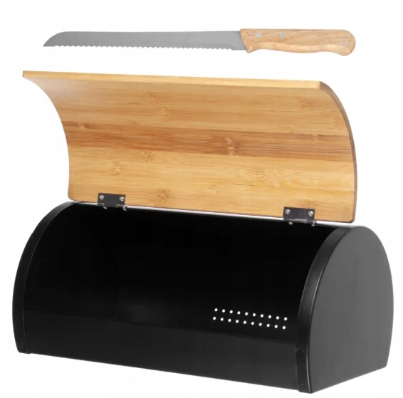 PRAKTYCZNY FUNKCJONALNY POJEMNY CHLEBAK NA PIECZYWO CZARNY/ BAMBUS +NÓŻ