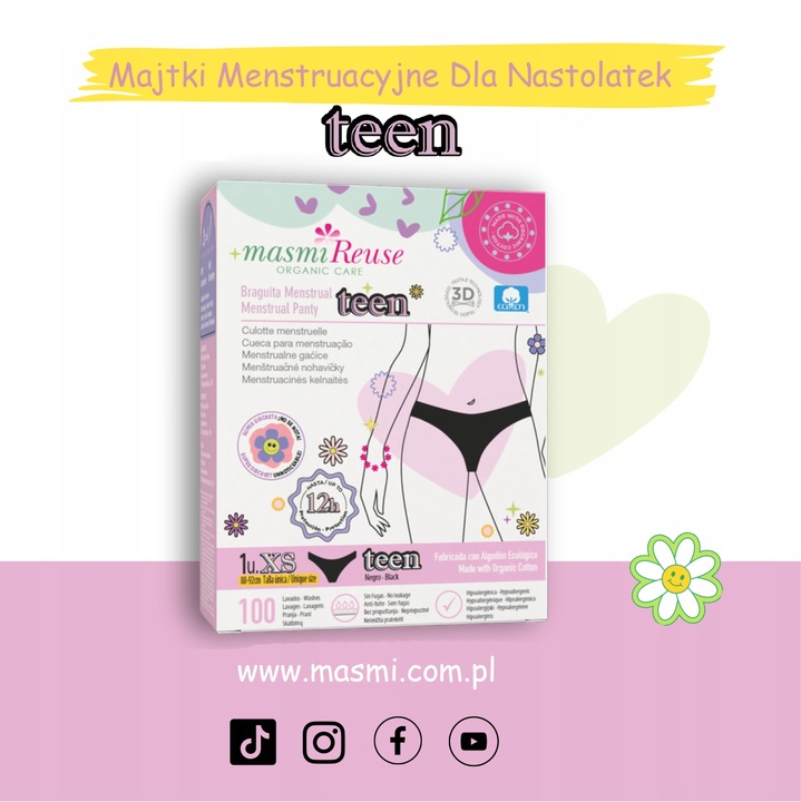 Majtki menstruacyjne ekologiczne Masmi DLA NASTOLATEK XS 100% bawełna BIO