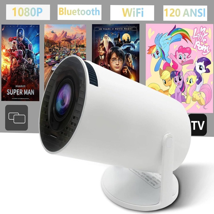 PROJEKTOR RZUTNIK ANDROID TV WIFI MINI 4K PRZENOŚNY SMART GŁOŚNIK OBROTOWY