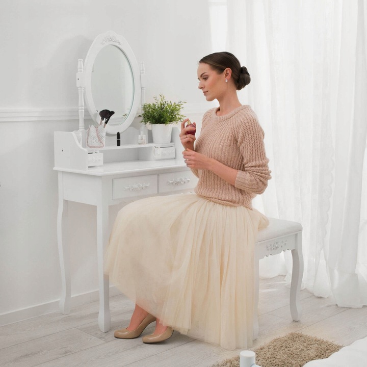 TOALETKA KOSMETYCZNA z LUSTREM BIAŁA + TABORET