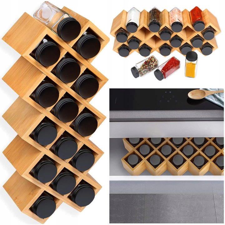 POJEMNIKI NA PRZYPRAWY PRZYPRAWNIK BAMBUS STOJAK DREWNIANY ZESTAW