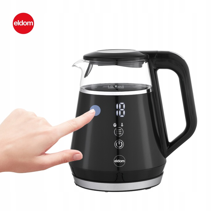 CZAJNIK ELEKTRYCZNY BEZPRZEWODOWY SZKLANY 1L PANEL DOTYKOWY 1100W