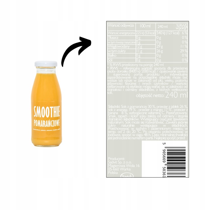 Mus owocowy smoothie mango banan pomarańcza 6x240ml przekąska bez cukru