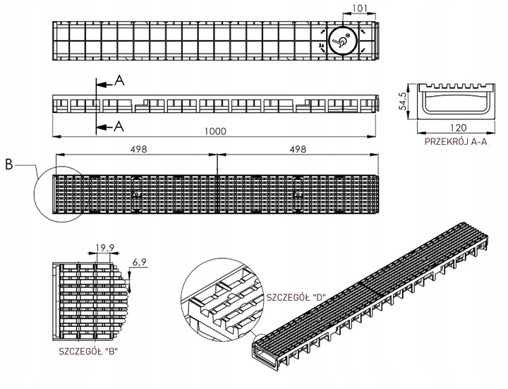 Odwodnienia liniowe A15 z rusztem z tworzywa. Niskie, tarasowe,