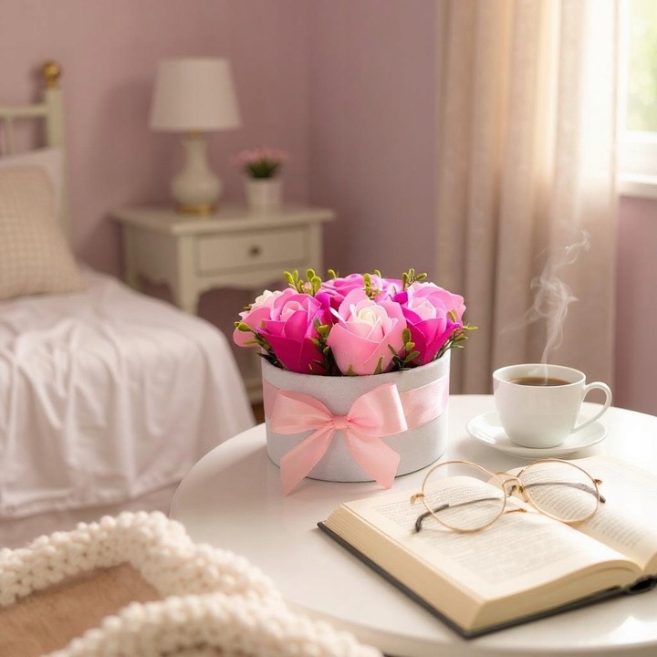 Flowerbox z Kwiatami Mydlanymi Prezent Upominek Flower box Róże Mydlane