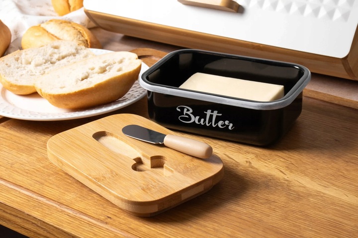 MASELNICZKA MASELNICA STAL NIERDZEWNA DREWNO CZARNY POJEMNIK NA MASŁO