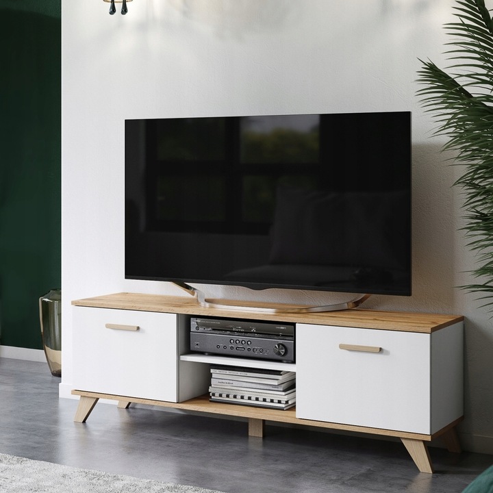 Szafka RTV 150cm Komoda pod telewizor TV Dąb Wotan Biała Stojąca na
