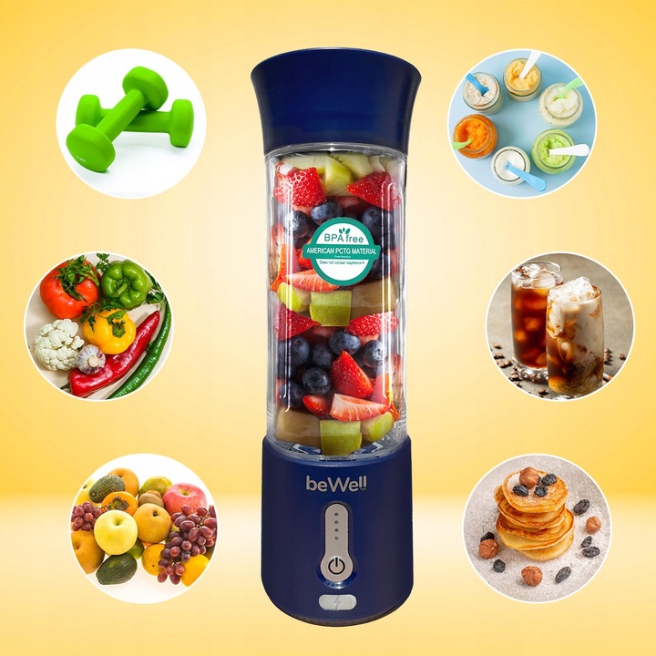 BLENDER KIELICHOWY DO SMOOTHIE KOKTAJLI RĘCZNY beWell Plus 500ml PRZENOŚNY