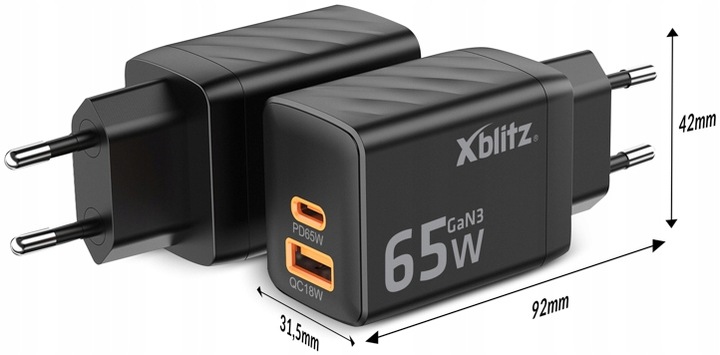 SZYBKA PODWÓJNA ładowarka sieciowa Xblitz XC2 GaN3 USB-C PD 65W USB-A QC3.0