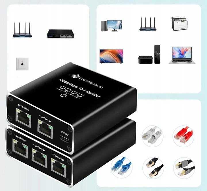 Adapter rozdzielacz mini Switch splitter LAN Ethernet RJ45 4xRJ45 1000M 1GB