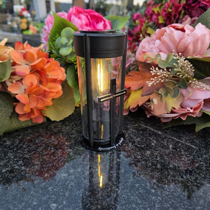 ZNICZ SOLARNY LED LAMPION NA GRÓB STATUETKA NA CMENTARZ Z KRZYŻEM