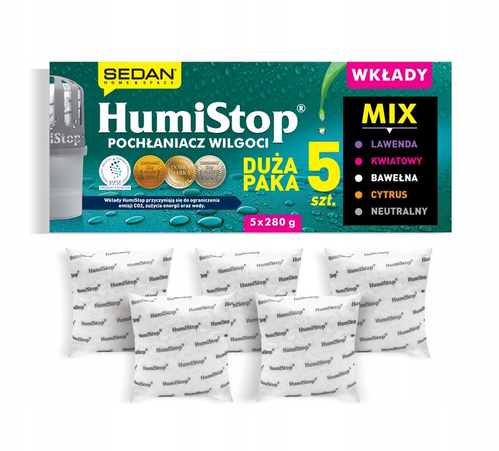 WKŁADY zapachowe HUMISTOP AROMA 5szt POCHŁANIACZ + GRANULKI DO