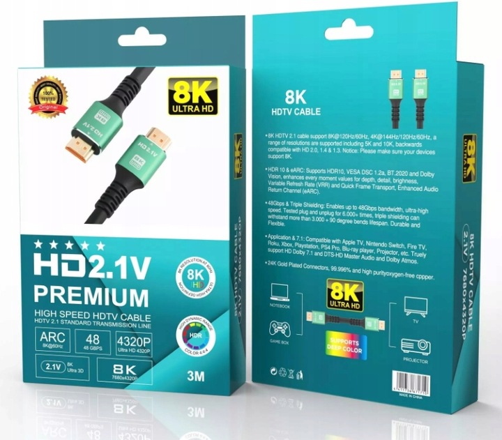 Kabel HDMI - HDMI 2.1 V PREMIUM 8K 4K 144Hz Mocny do Monitora