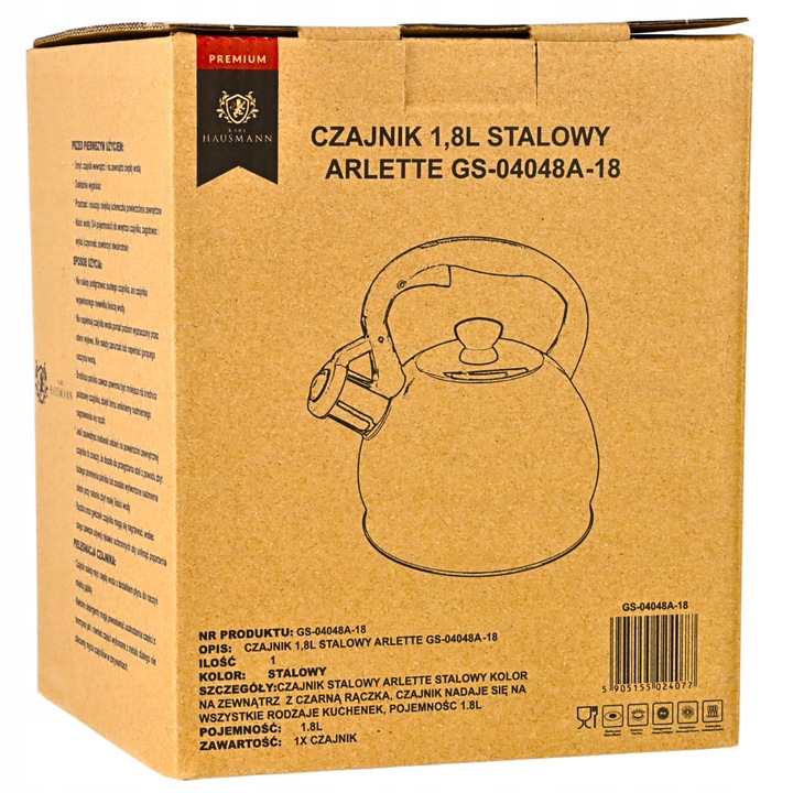 CZAJNIK STALOWY na GAZ 1,8L SREBRNY z GWIZDKIEM +RĄCZKA INDUKCJA STAL