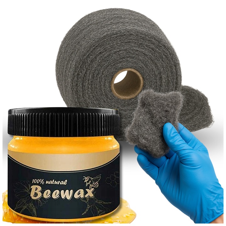 Zestaw do Polerowania Drewna Podłóg Mebli Wosk BeeWax + Wełna Stalowa