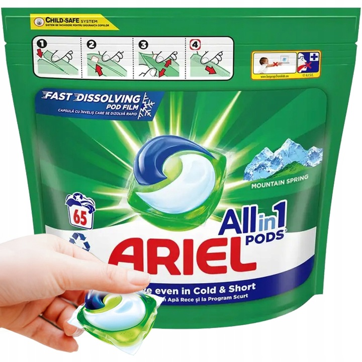 KAPSUŁKI DO PRANIA BIAŁEGO ARIEL MOUNTAIN SPRING ALLIN1 PODS 65 PRAŃ