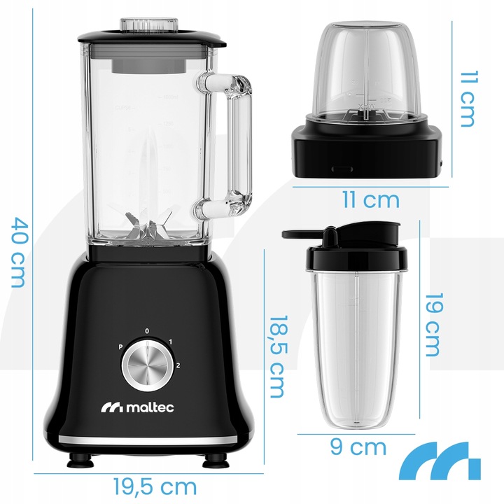 BLENDER KIELICHOWY SZKLANY DO KOKTAJLI SMOOTHIE MŁYNEK 2 BIDONY DUŻY 1600ML