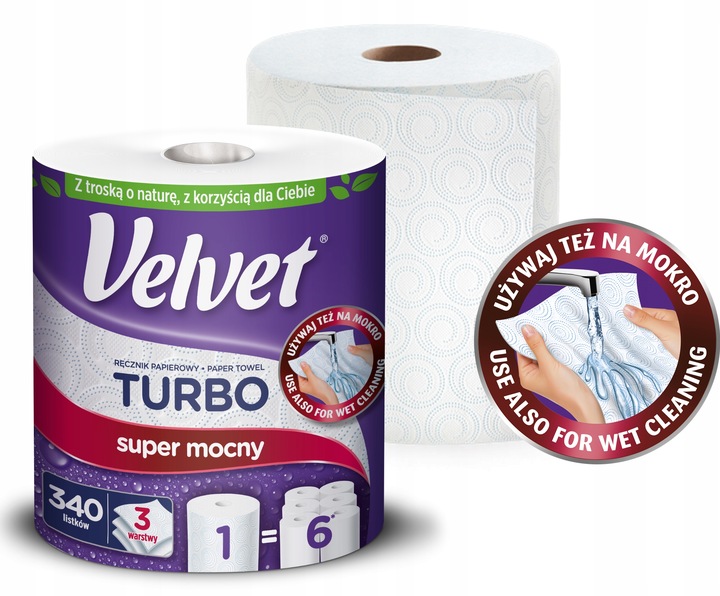 Velvet ręczniki papierowe TURBO 6 rolek 3 warstwowy 340 listków
