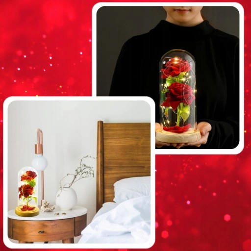 WIECZNA RÓŻA W SZKLE ŚWIECĄCA LED PREZENT PUDEŁKO NA WALENTYNKI DZIEŃ BABCI